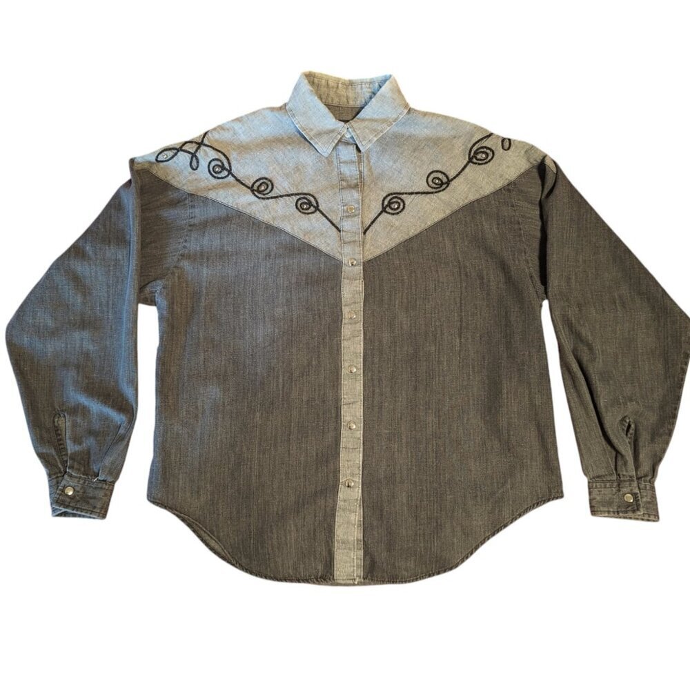 Vintage Western Panhandle Slim Snap Button Shirt Studded Embroidered Embellished